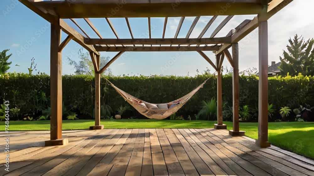 Serene backyard with a hammock under pergola on a sunny day Serene backyard with a hammock under pergola on a sunny day