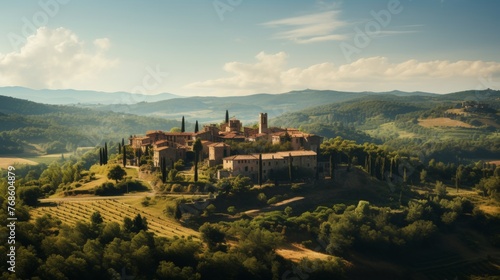 Scenic vineyard landscape aerial view of sunny wine grape hills and villa  ideal for farm banner