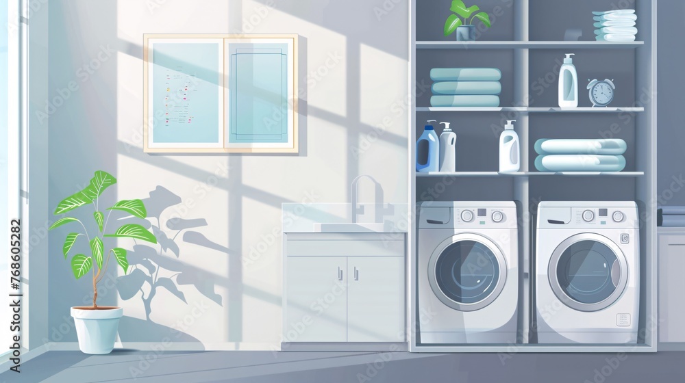 A contemporary gray laundry room with a washer. - obrazy, fototapety, plakaty 