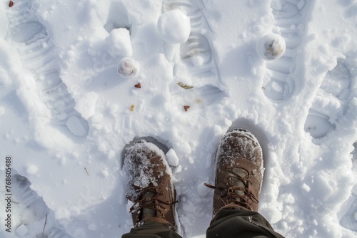 feet standing on snow, scattered with snowball remains