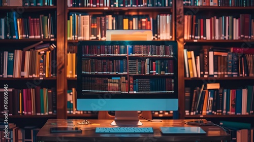 Inside a computer, a digital library houses a vast collection of books, signifying the limitless reach of online learning photo