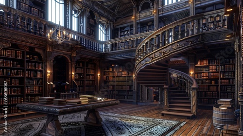 Old tomes line the bookshelves in this library's 3D-rendered interior, inviting readers into a world of ancient knowledge