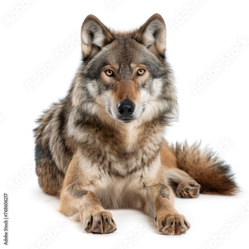 Grey wolf in natural pose isolated on white background, photo realistic © Pixel Pine