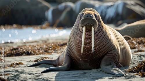 Walrus in its coastal habitat, with sandy shores and rocks in the background
