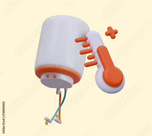 Realistic boiler, red thermometer. Electric water heater. Color vector concept