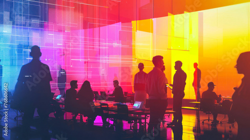 People working and collaborating in an open concept office space illuminated by vibrant neon colors