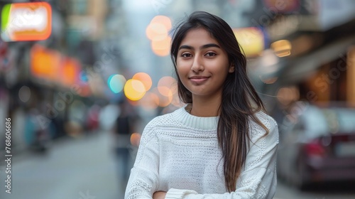 Smiling Indian Student in White Sweater Poses Confidently in City Street © HSGraphics