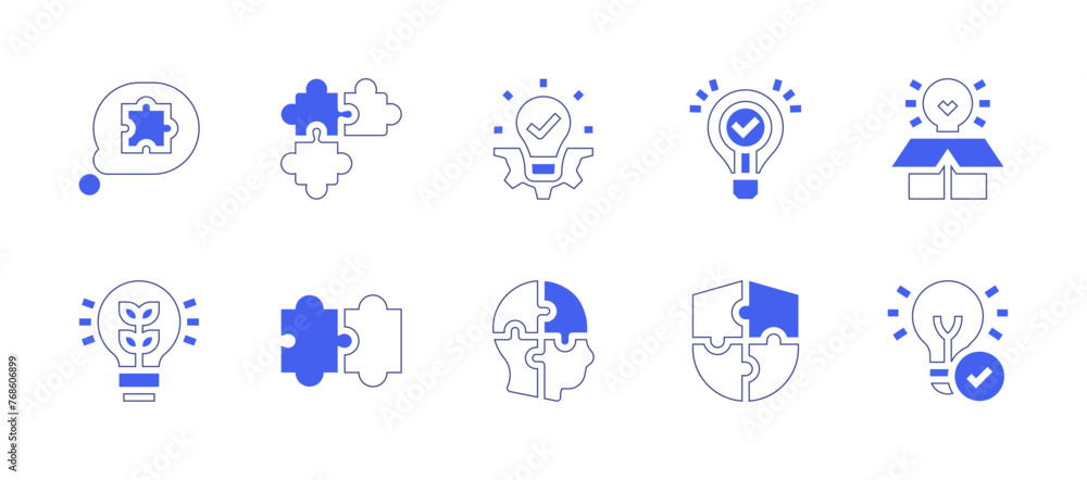 Solution icon set. Duotone style line stroke and bold. Vector illustration. Containing puzzle, idea, innovation, solution.