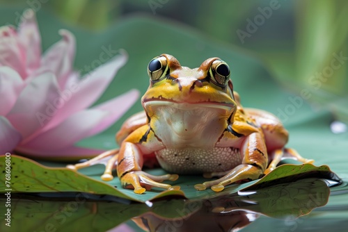 frog with wide eyes on a lotus leaf in a pond
