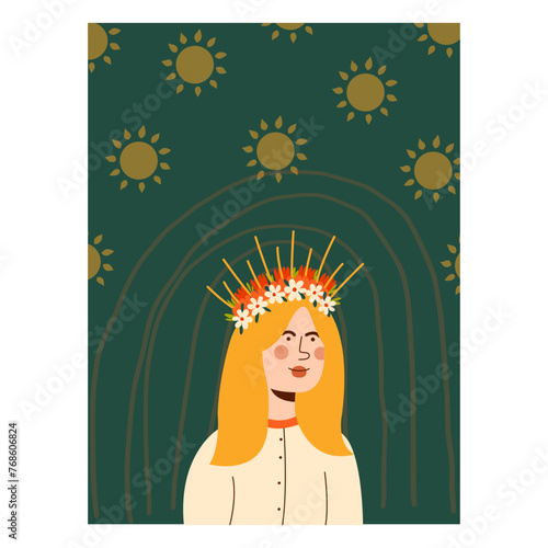Woman with flowers wreath. Summer Solstice. Used for greeting card, and poster design.