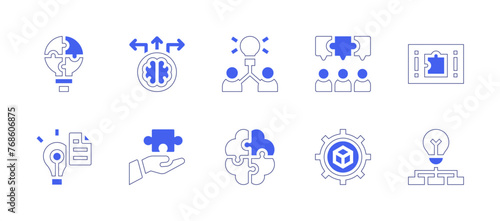 Solution icon set. Duotone style line stroke and bold. Vector illustration. Containing puzzle, idea, brainstorming, solution, solutions, problem solving.