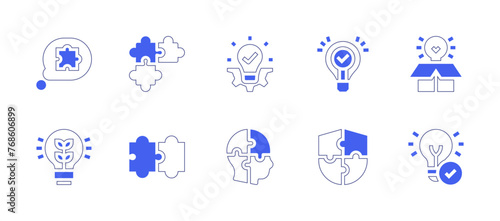 Solution icon set. Duotone style line stroke and bold. Vector illustration. Containing puzzle, idea, innovation, solution. © Huticon