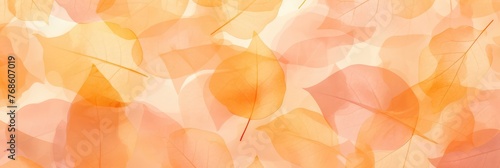 Abstract peach fuzz colored translucent layered fallen autumnal leaves, macro nature, autumn fall illustration background banner texture pattern