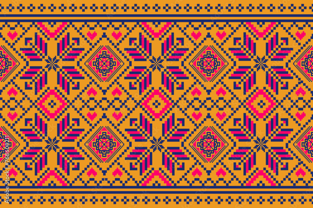 Fabric Mexican style. Geometric ethnic flower seamless pattern traditional. Aztec tribal ornament print. Design for background, illustration, fabric, clothing, carpet, textile, batik, embroidery.