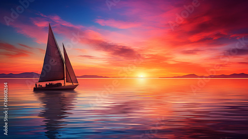 A sailboat glides sea at sunset