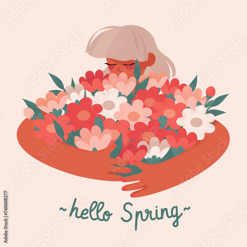 Vector illustration of blond cute woman with flowers in your hand and text Hello spring