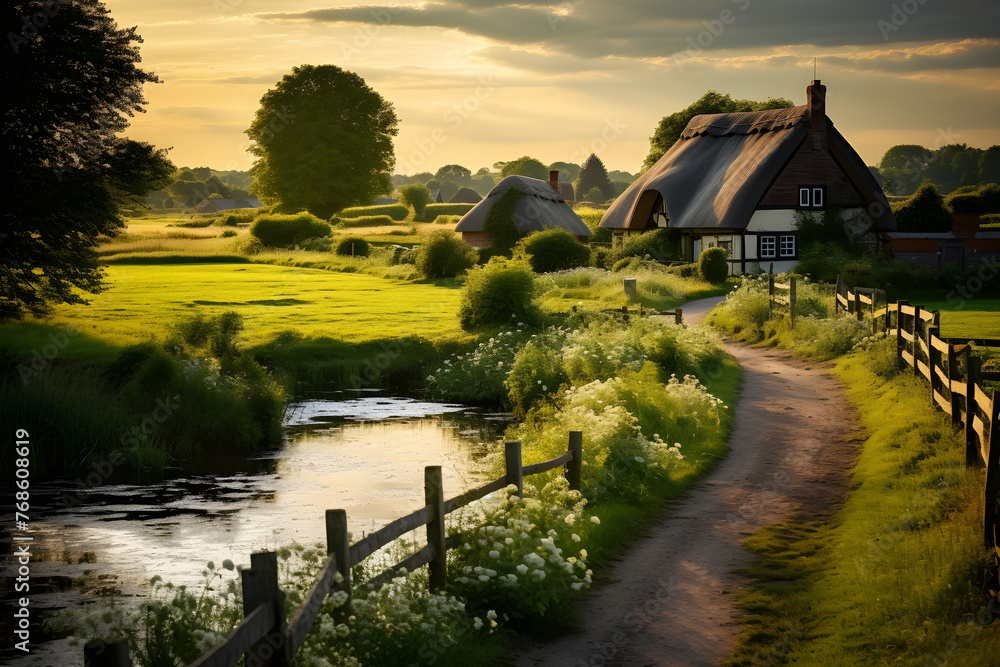 Golden Hour Brilliance in England's Rustic Countryside: An Idyllic Blend of Pastoral Fields and Charming Country Homes - obrazy, fototapety, plakaty 