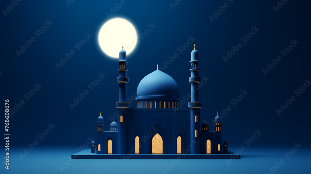 miniature mosque and moon on  blue background with copy space