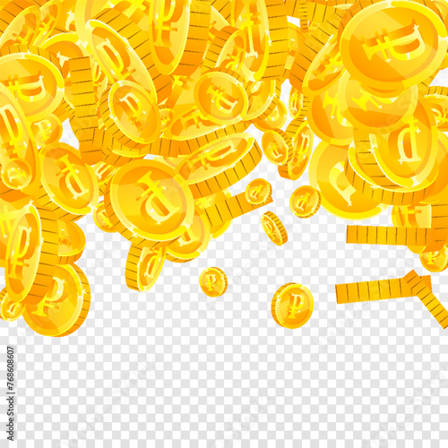 Russian ruble coins falling. Scattered gold RUB