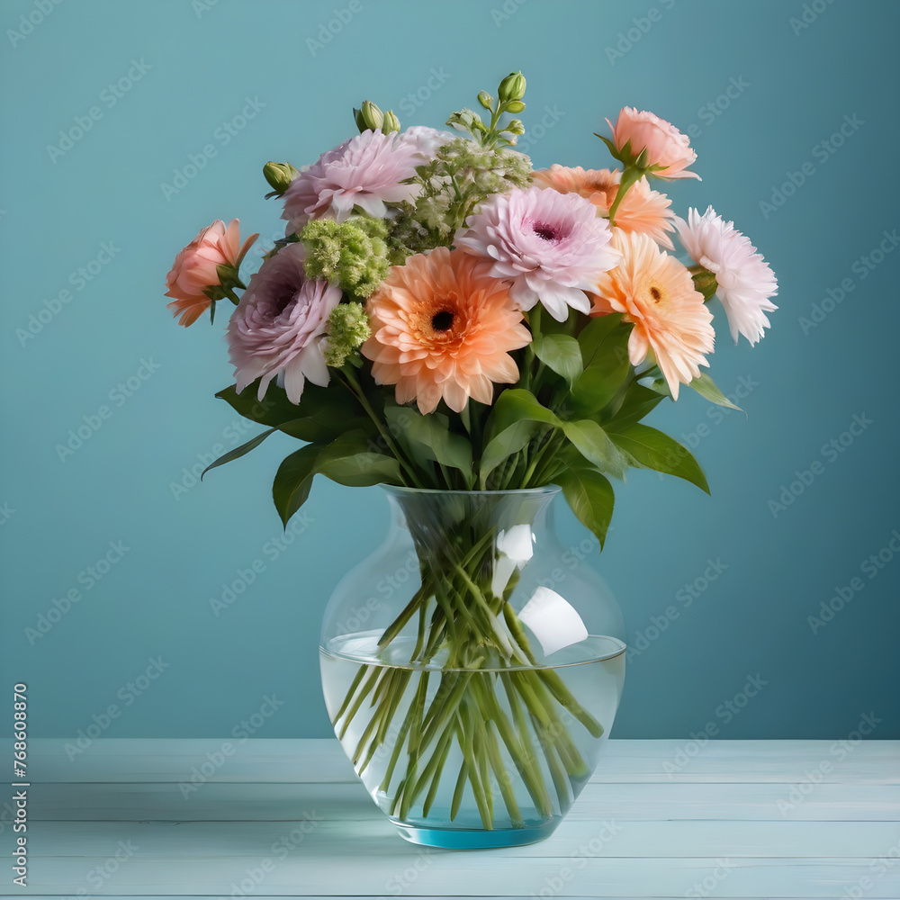 a beautiful chic bouquet of flowers in a vase on a light blue background a beautiful chic bouquet of flowers in a vase on a light blue background