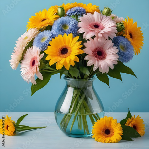a beautiful chic bouquet of flowers in a vase on a light blue background