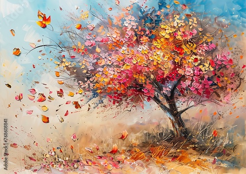 Autumn Splendor  Vibrant Oil Painting of Flowering Tree