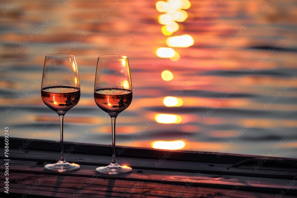two wine glasses on wooden pier, sunset reflecting in water