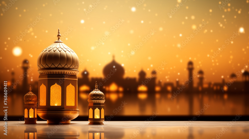 eid background with lantern and golden bokeh, copy space
