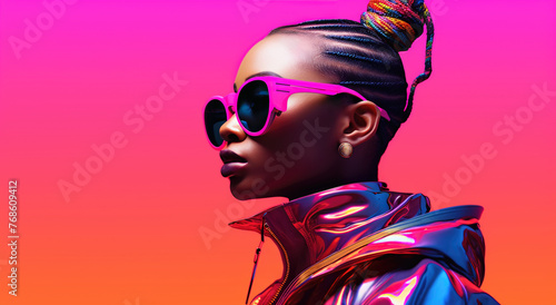 stylish young woman in a holographic jacket and big sunglasses © Olga