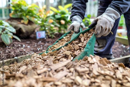 worker bagging wood chips for sale at a garden center