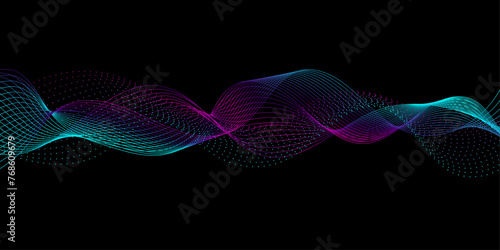 Abstract light lines wavy flowing particles dynamic pattern in blue purple colors isolated on black background. Vector digital design in concept of energy, music, modern science, AI, technology, 5G