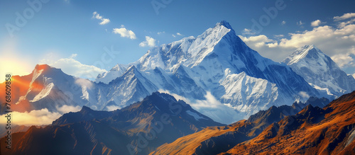 breathtaking mountain landscape, rocky peaks stand tall against the sky, nature's beauty shines brightly, with snowy mountaintops sparkling in the sunlight