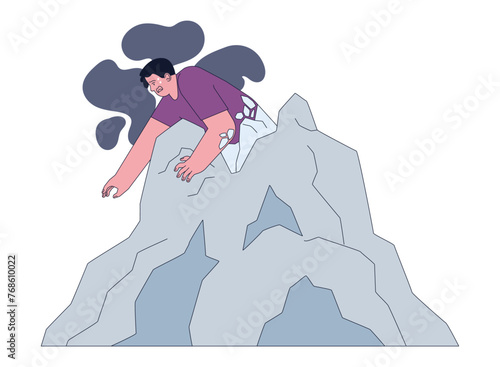 Fear of stagnation. Young scared or terrified man stuck in a rock. Character