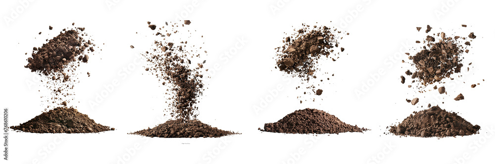 Set of a fertile soil falling in the air isolated on a transparent background - obrazy, fototapety, plakaty 