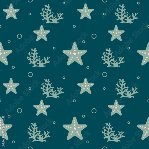 Starfish and corrals seamless pattern. Sea and ocean flora and fauna. Undersea world