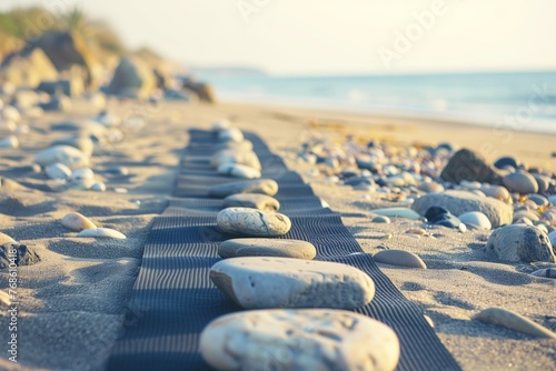 yoga mat lined with rocks creating a zen space on beach