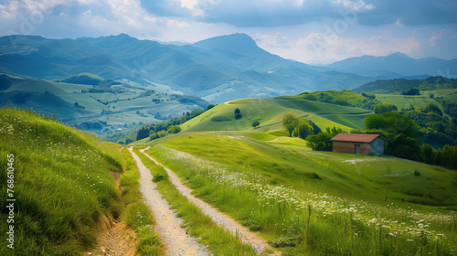 peaceful countryside, surrounded by green hills and mountains