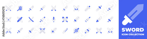 Sword icon collection. Duotone style line stroke and bold. Vector illustration. Containing sword, swords, rpg, dagger, katana, shield, heart.