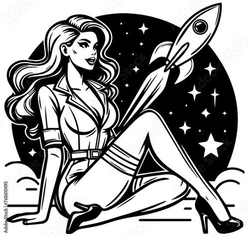 pin-up girl and rocket flying into space cartoon sketch vector illustration silhouette laser cutting black and white shape © Cris