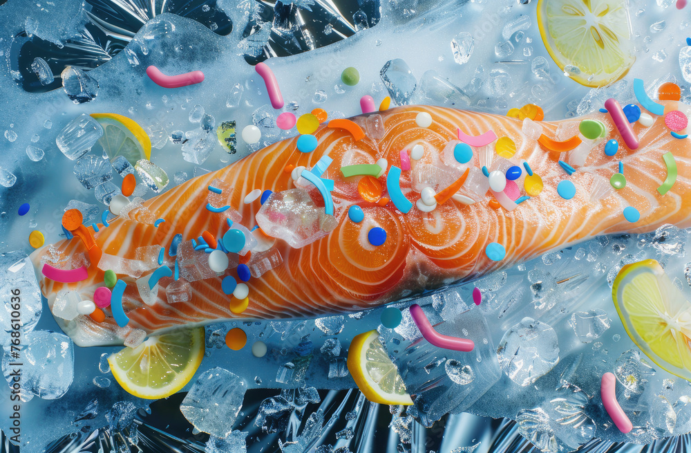 A photo of pastel salmon with colorful sprinkles and pineapple designs on top, arranged in an orderly pattern against a light blue background