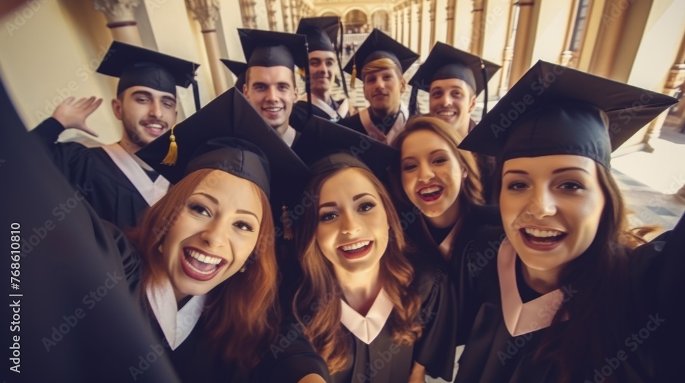 Obraz premium Happy graduating international students wearing bachelor gowns and mortar boards, education concept, candid moment of graduation day ceremony