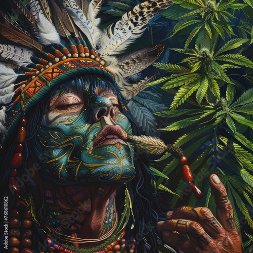 a psychdellic image of a native american using power of medicinal plants like ayhuasca, theres a foliage background photo