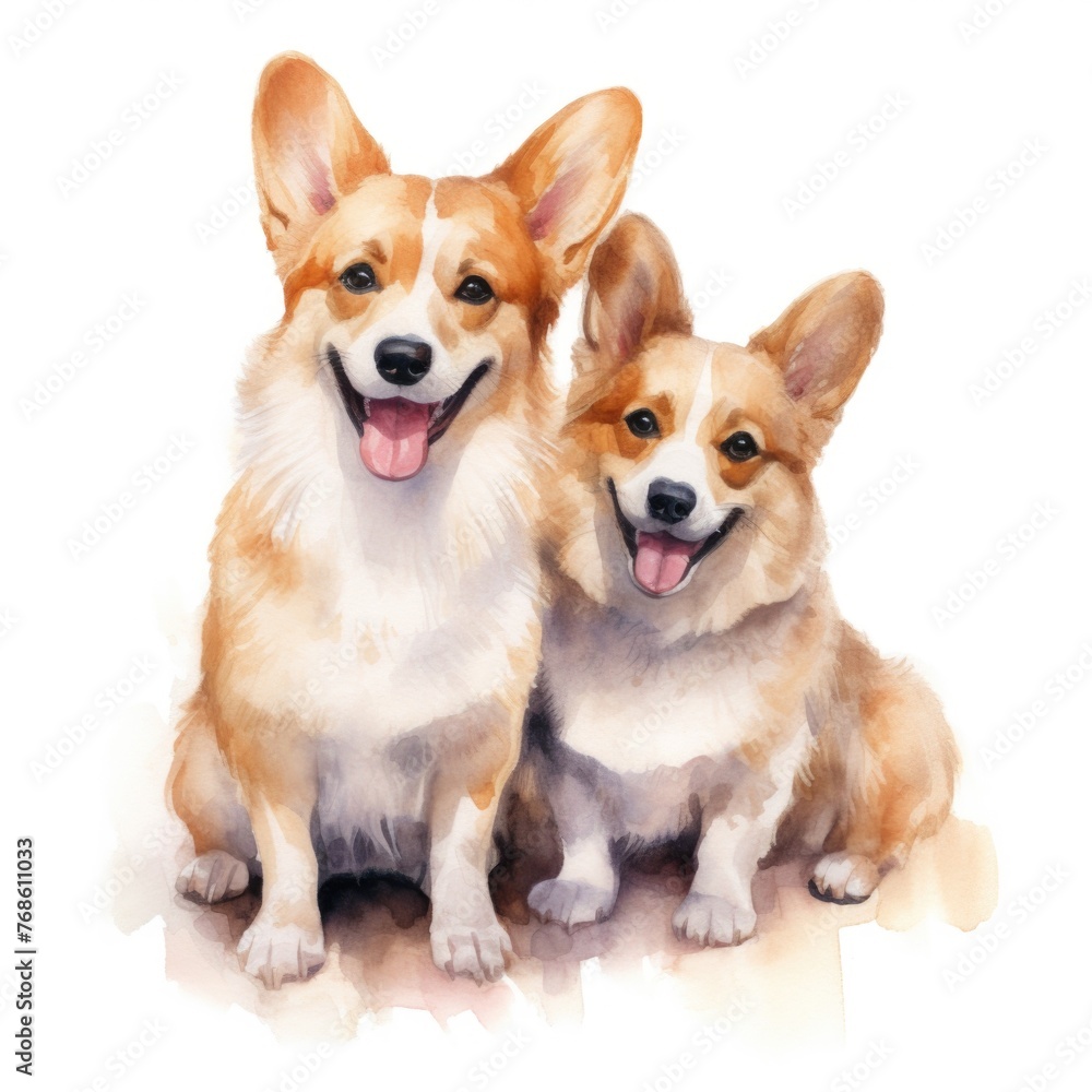 Pembroke welsh corgi dog family watercolor illustration. Cute pet, animal painting