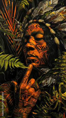 a psychdellic image of a native american using power of medicinal plants like ayhuasca, theres a foliage background photo