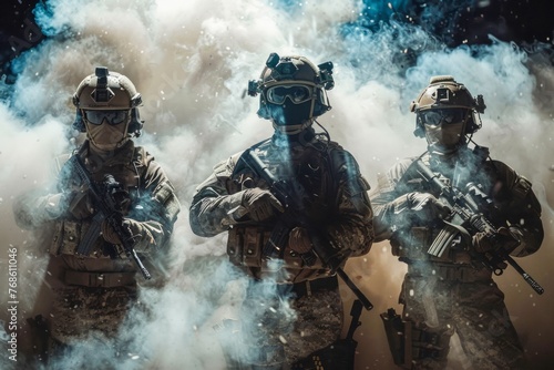 Elite Special Forces Soldiers in Tactical Gear with Night Vision Goggles Amidst Battlefield Smoke