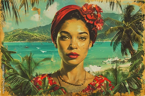 Vintage Tropical Portrait of a Woman with Red Flower in Hair, Palm Trees and Ocean Background in Vibrant Colors