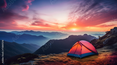 tranquil mountain peak with camping tent  golden sunrise