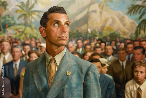 Vintage Style Painting of a Dapper Gentleman with a Crowd in Retro Attire Against a Tropical Background photo