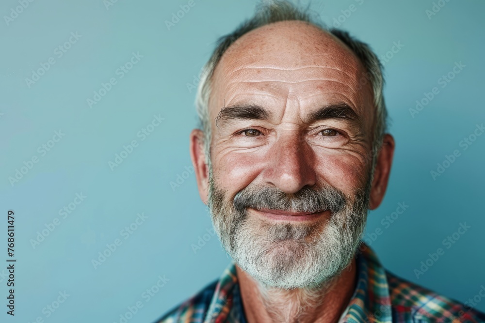 Portrait of a happy senior man smiling at the camera, over blue background Portrait of a happy senior man smiling at the camera, over blue background
