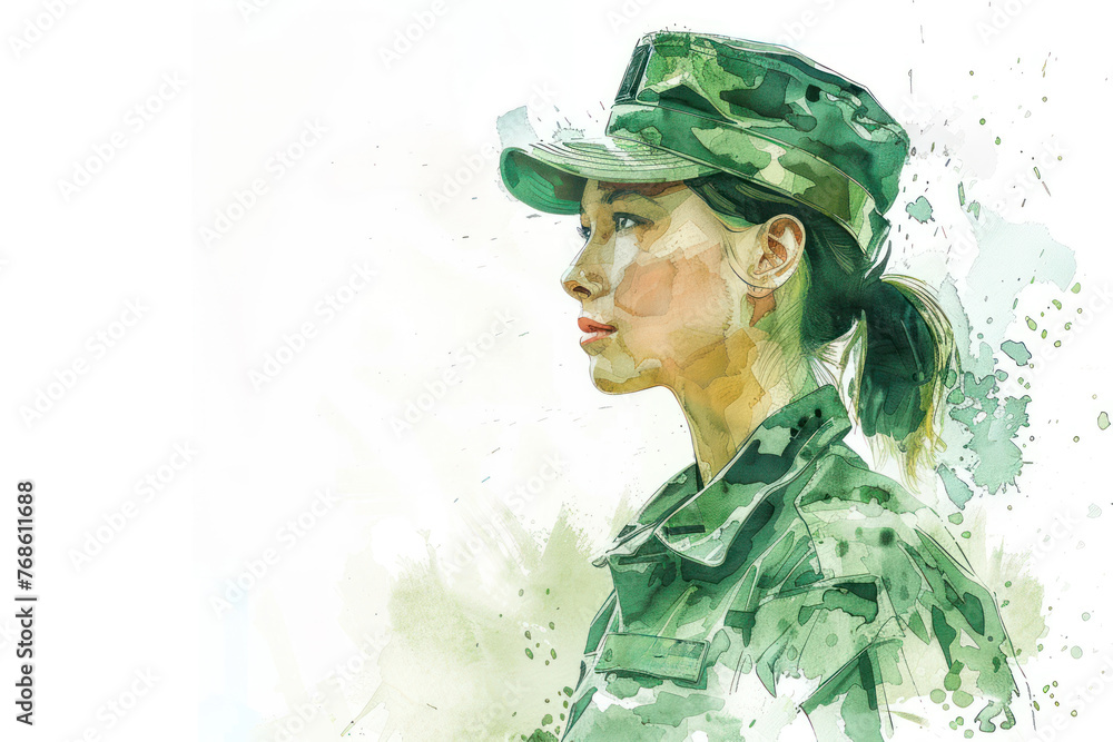 Green watercolor painting of a military personnel, army woman - obrazy, fototapety, plakaty 